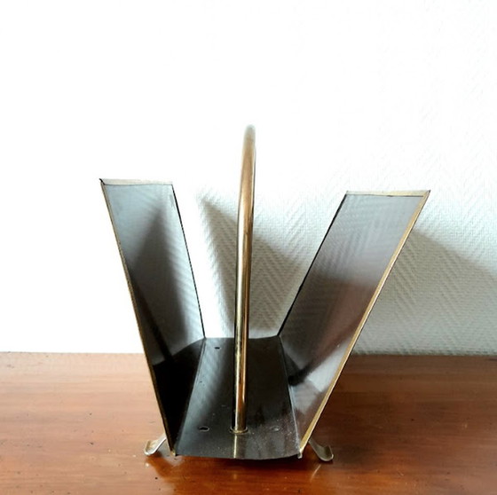 Image 1 of English repoussé brass magazine rack 1960