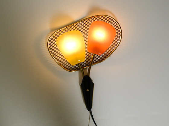 Image 1 of Pair of rare large Mid Century Modern expanded metal wall lamps with plexiglass shades - still new and never connected