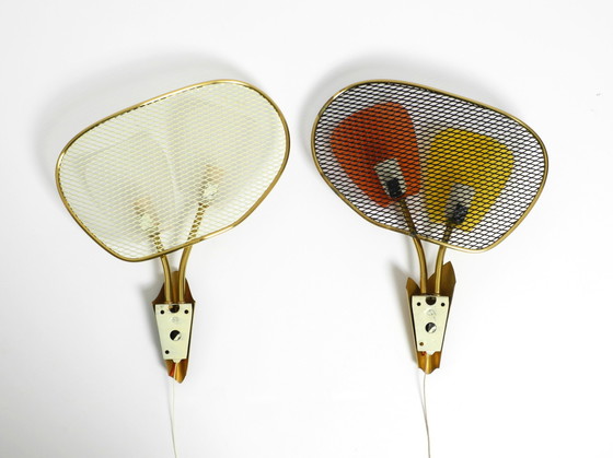 Image 1 of Pair of rare large Mid Century Modern expanded metal wall lamps with plexiglass shades - still new and never connected