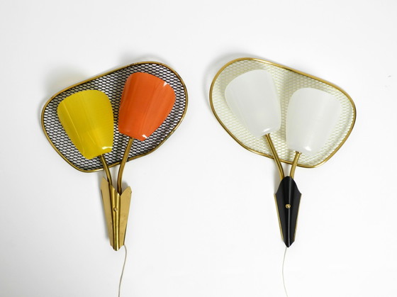 Image 1 of Pair of rare large Mid Century Modern expanded metal wall lamps with plexiglass shades - still new and never connected