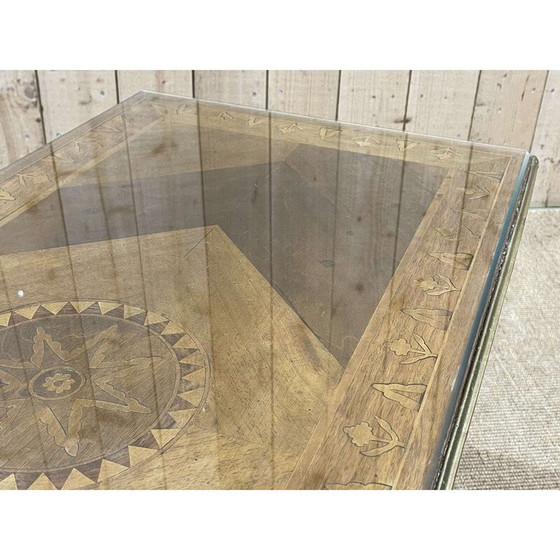 Image 1 of Tavolino da caffè vintage intarsiato e lastra di vetro, Inghilterra 1950