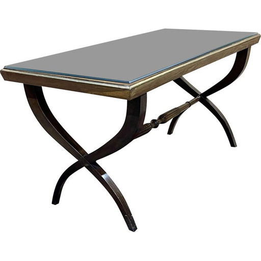 Vintage marquetry and glass plate coffee table, England 1950