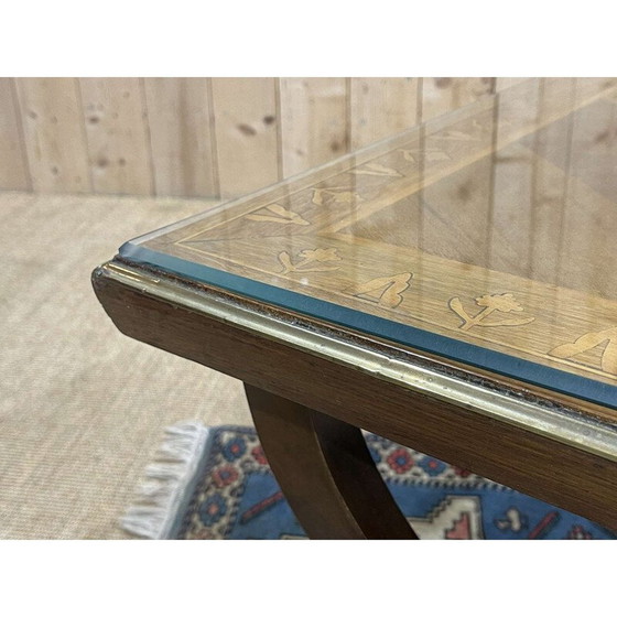 Image 1 of Tavolino da caffè vintage intarsiato e lastra di vetro, Inghilterra 1950