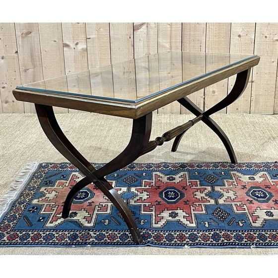 Image 1 of Tavolino da caffè vintage intarsiato e lastra di vetro, Inghilterra 1950