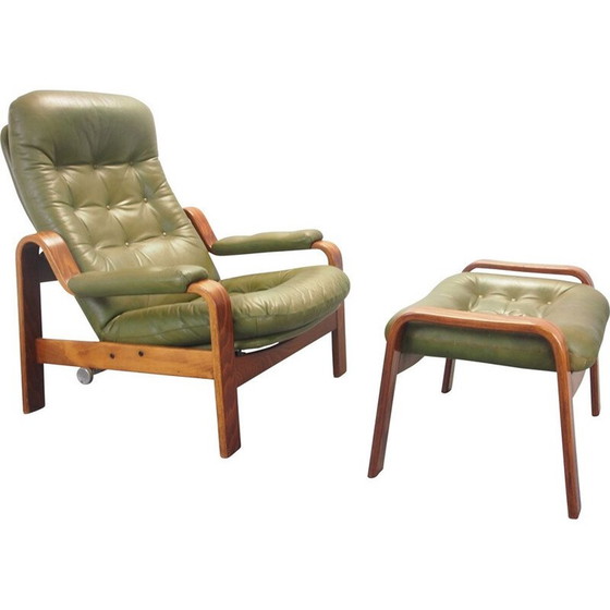 Image 1 of Vintage lounge chair with green leather and ottoman by G-Mobel, 1970s
