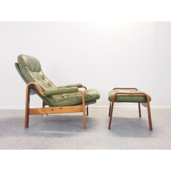 Image 1 of Vintage lounge chair with green leather and ottoman by G-Mobel, 1970s