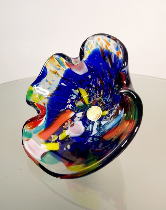 Image 1 of Ciotola multicolore di Murano, design organico soffiato a bocca con foglie d'argento, Italia