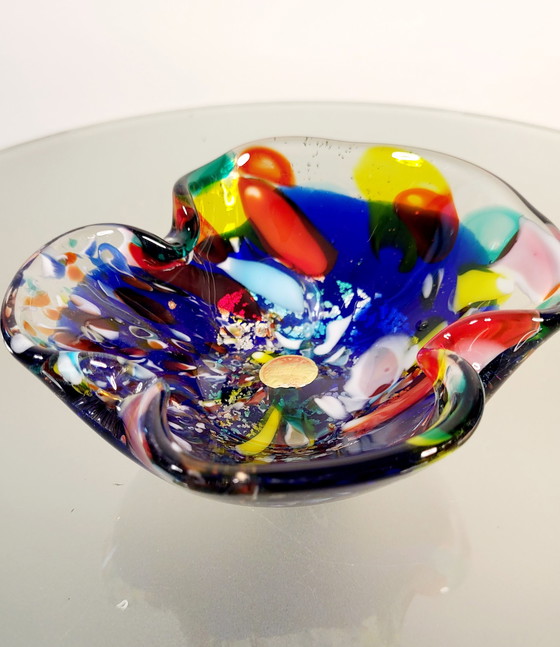 Image 1 of Ciotola multicolore di Murano, design organico soffiato a bocca con foglie d'argento, Italia