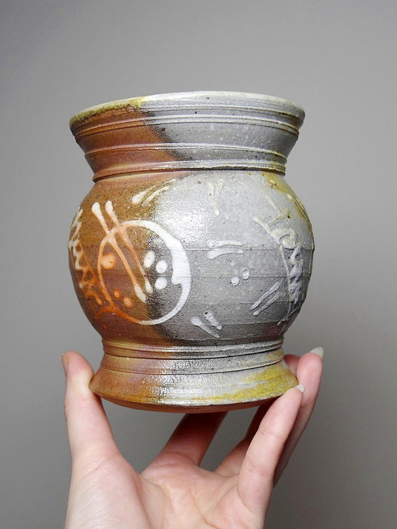 Image 1 of Small Two-Sided Vase, Enameled Vintage Handmade Stoneware Signature To Identify