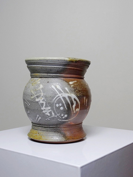 Image 1 of Small Two-Sided Vase, Enameled Vintage Handmade Stoneware Signature To Identify