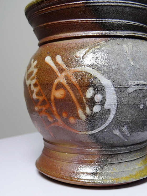 Image 1 of Small Two-Sided Vase, Enameled Vintage Handmade Stoneware Signature To Identify