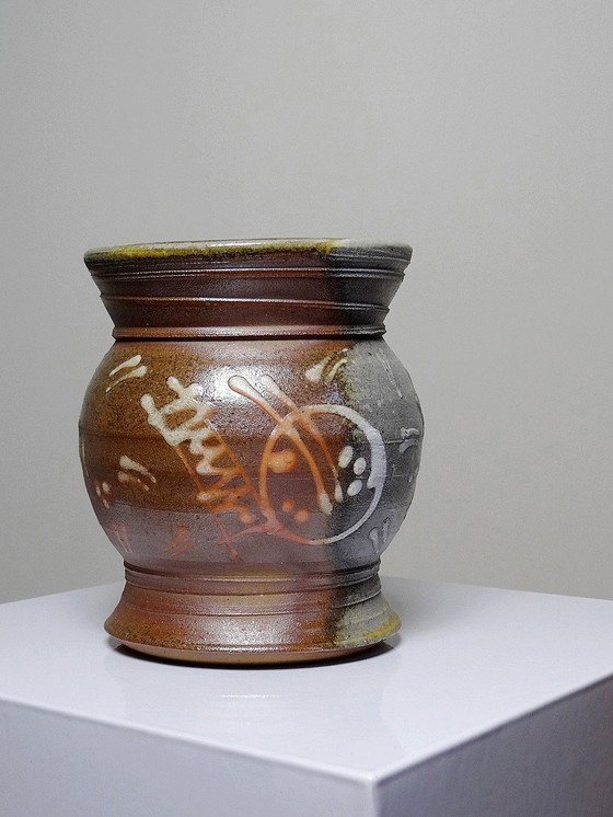 Image 1 of Small Two-Sided Vase, Enameled Vintage Handmade Stoneware Signature To Identify