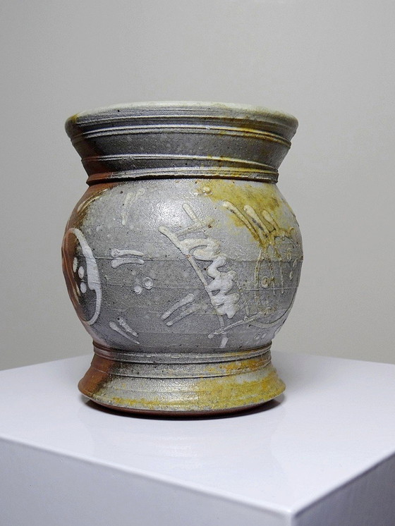 Image 1 of Small Two-Sided Vase, Enameled Vintage Handmade Stoneware Signature To Identify