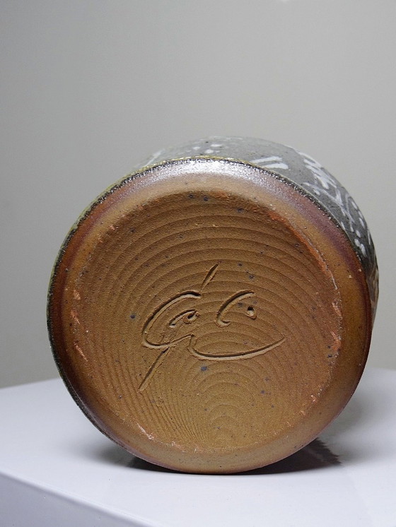 Image 1 of Small Two-Sided Vase, Enameled Vintage Handmade Stoneware Signature To Identify