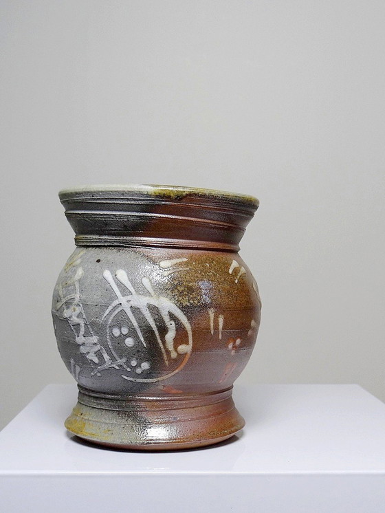 Image 1 of Small Two-Sided Vase, Enameled Vintage Handmade Stoneware Signature To Identify