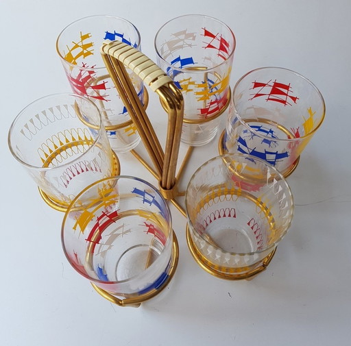 6X Confetti Decorated Drinking Glasses In Brass Holder, 1950S