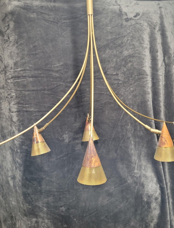 Image 1 of Lampada da soffitto vintage in rame con 6 bracci