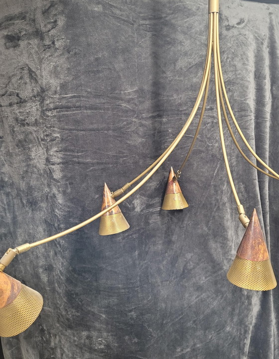 Image 1 of Lampada da soffitto vintage in rame con 6 bracci