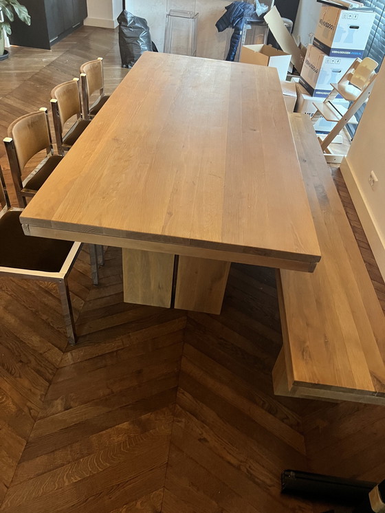 Image 1 of Solid Oak Wooden Table With Bench