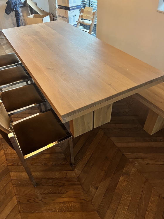 Image 1 of Solid Oak Wooden Table With Bench