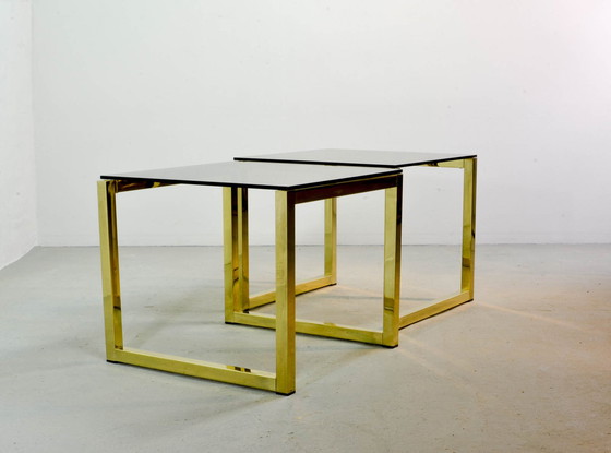 Image 1 of Hollywood Regency Cubic Side Tables with Smokey Glass Top, Set of 2, 1980s.