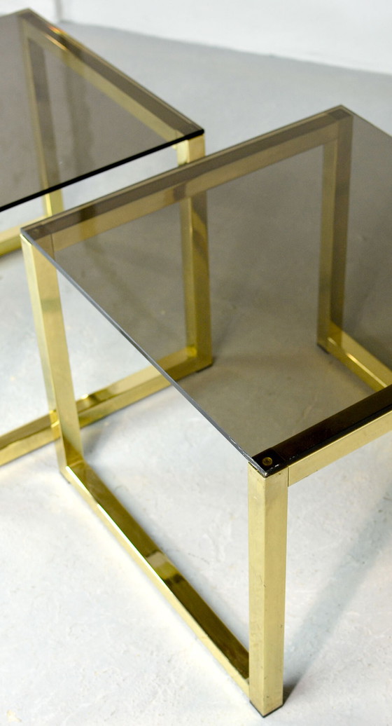 Image 1 of Hollywood Regency Cubic Side Tables with Smokey Glass Top, Set of 2, 1980s.