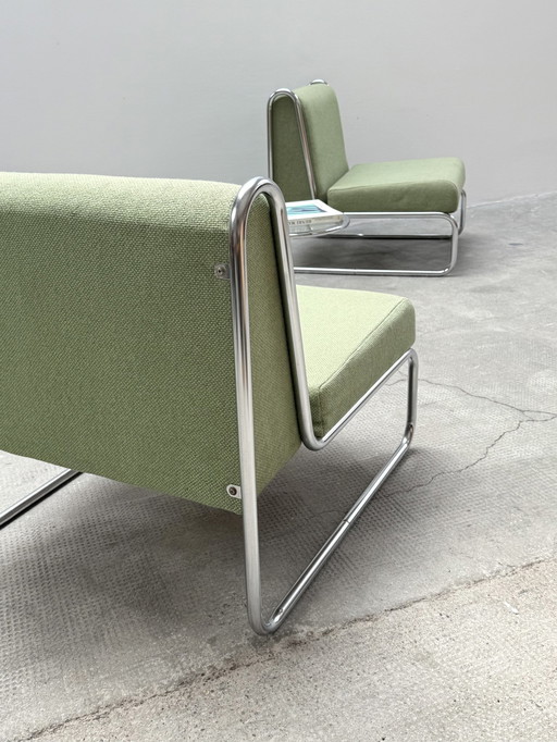 Set of 2 chrome fabric lounge chairs green, Germany 1970s