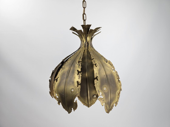 Image 1 of Svend Aage Holm Sørensen lampe suspendue cuivre feuilles brutaliste