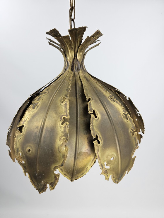 Image 1 of Svend Aage Holm Sørensen lampe suspendue cuivre feuilles brutaliste