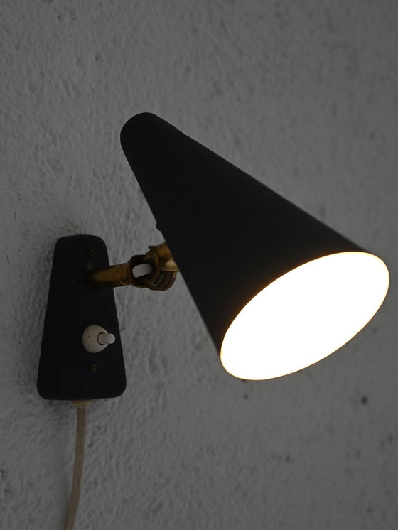 Image 1 of Vintage Scandinavian Blue Wall Sconce – Mid-Century Metal Lamp With Brass Details