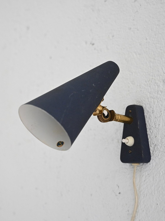Image 1 of Vintage Scandinavian Blue Wall Sconce – Mid-Century Metal Lamp With Brass Details