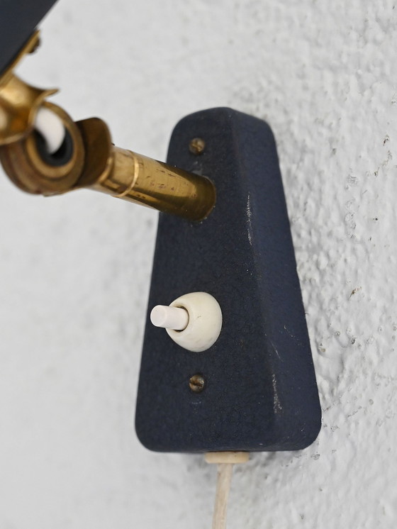 Image 1 of Vintage Scandinavian Blue Wall Sconce – Mid-Century Metal Lamp With Brass Details