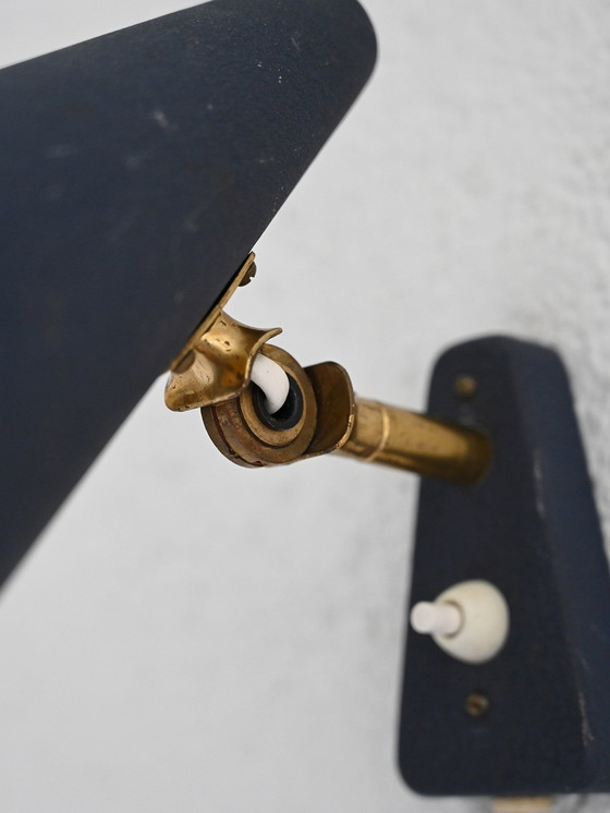 Image 1 of Vintage Scandinavian Blue Wall Sconce – Mid-Century Metal Lamp With Brass Details