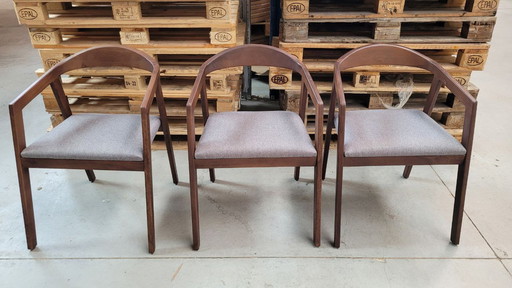 3x dining chair - brown wood - gray upholstered seat