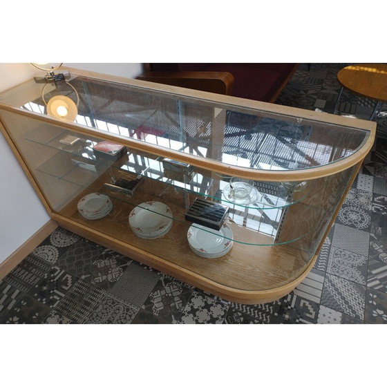 Image 1 of Pair of vintage oak display cabinets with rounded glasses, Czechoslovakia