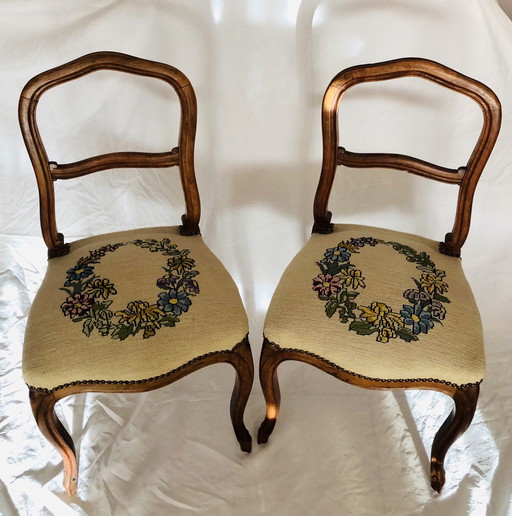 Antique Chairs Waxed Wood And Tapestry Canvas