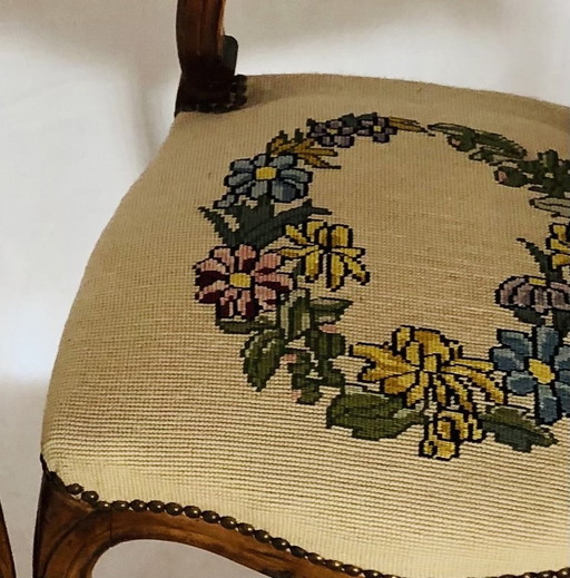 Antique Chairs Waxed Wood And Tapestry Canvas