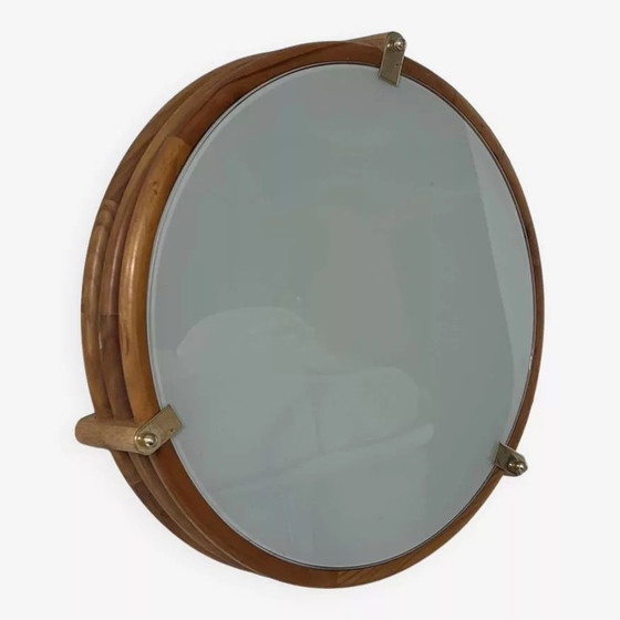 Image 1 of Applique Vintage Ronde, Bois Verre Et Laiton, France 1980