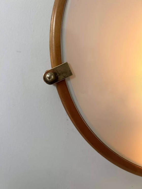 Image 1 of Applique Vintage Ronde, Bois Verre Et Laiton, France 1980