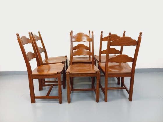 Image 1 of Suite Of 6 Vintage Brutalist 60's Oak Chairs