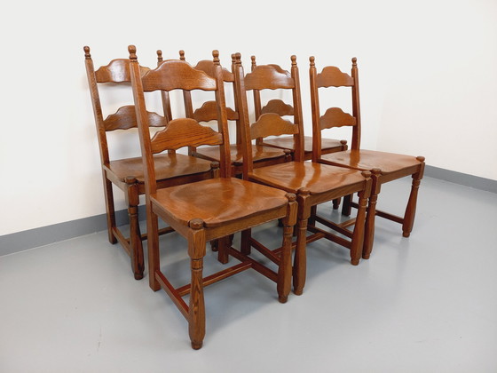 Image 1 of Suite Of 6 Vintage Brutalist 60's Oak Chairs