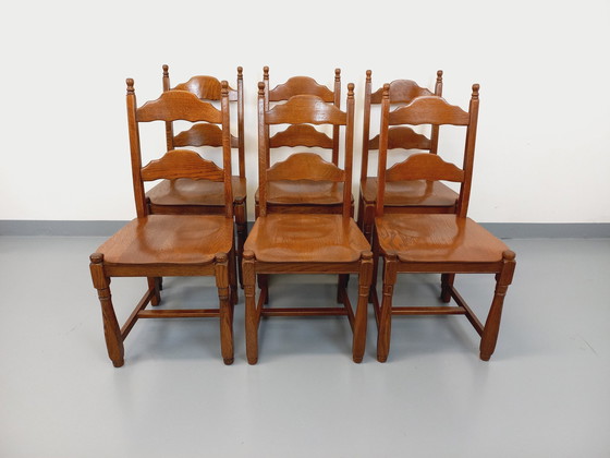 Image 1 of Suite Of 6 Vintage Brutalist 60's Oak Chairs