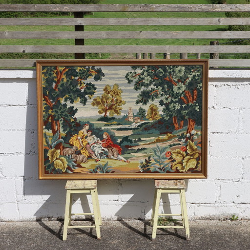 French Vintage Large Drop Needle Tapestry-Large Vintage Framed Artwork-Baroque Garden Scene-70S