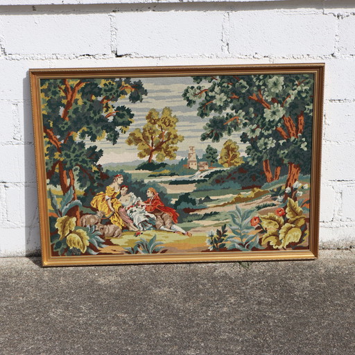 French Vintage Large Drop Needle Tapestry-Large Vintage Framed Artwork-Baroque Garden Scene-70S