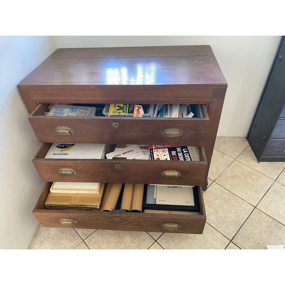 Image 1 of Mobiletto artigianale vintage con 3 grandi cassetti in rovere, 1900