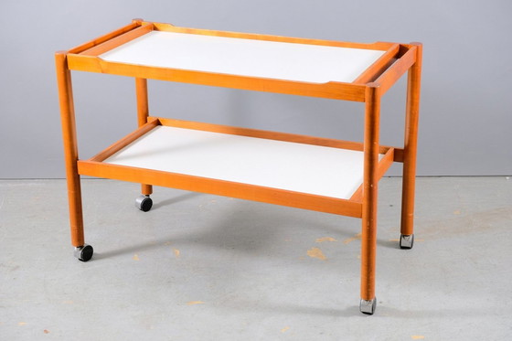 Image 1 of Large Mid-Century German teak Bar carts with white trays