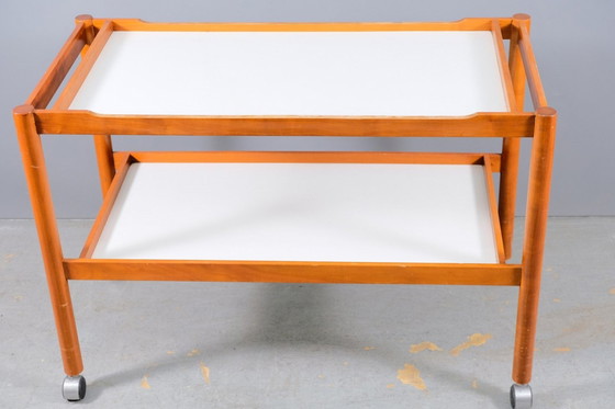 Image 1 of Large Mid-Century German teak Bar carts with white trays