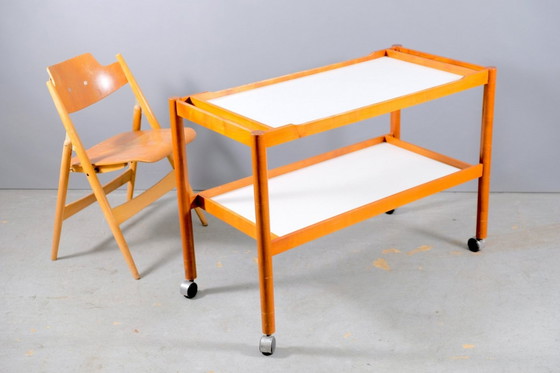 Image 1 of Large Mid-Century German teak Bar carts with white trays