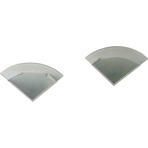 Pair of vintage wall lamp in white lacquered metal and sandblasted glass, France 1970