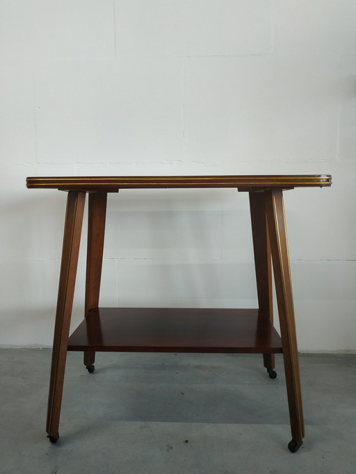 Vintage Plant Table Side Table Trolley with Brass Inlay and Wheels